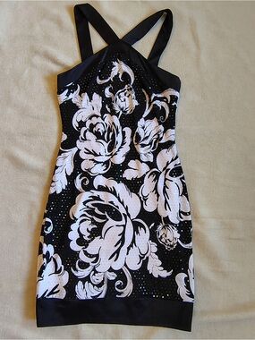 Vtg Y2K Cache Silk Floral Mini Dress Women 2 Black Halter Goth Vamp Glam Party